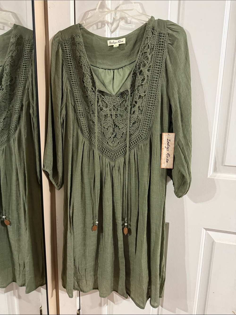 Indigo Rose Olive Crochet-Yoke Peasant Dress